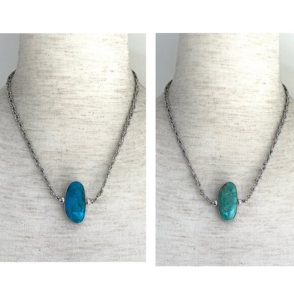 Sterling Silver 925 SWS Reversible Green Blue Turquoise Braided Chain Necklace - Picture 1 of 16
